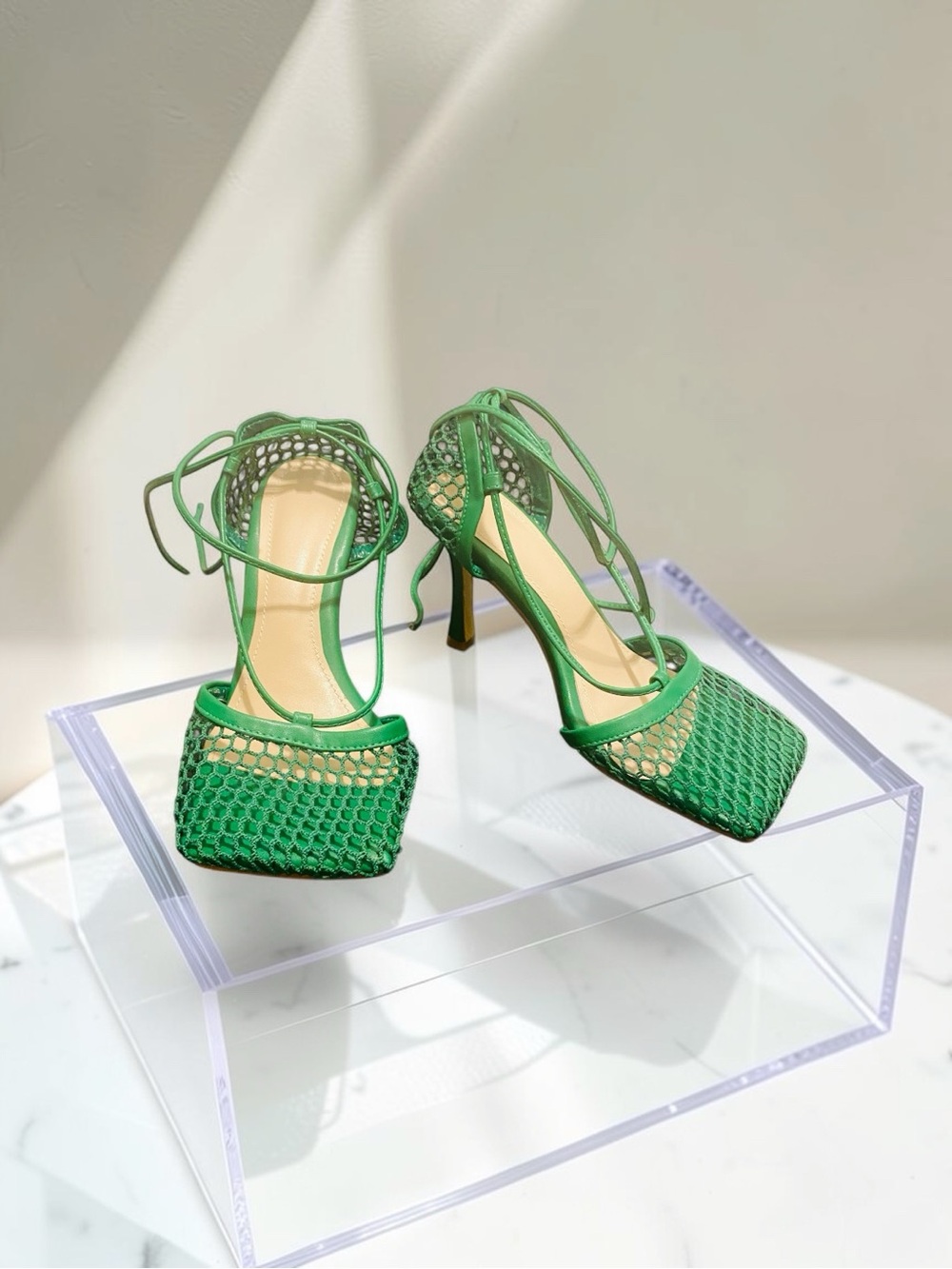 Green Mesh Square Toe Lace-Up-Heels-Vero Cuoio/Rubber Injected Soles